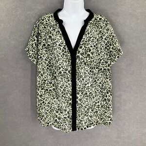 Torrid Top‎ Womens 1X Black Green Floral Print Sheer V Neck Button Front Blouse